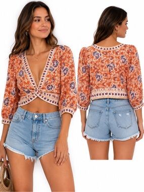 Free People Orange Boho Wrap Crop Top Paisley Floral Smocked Back Large